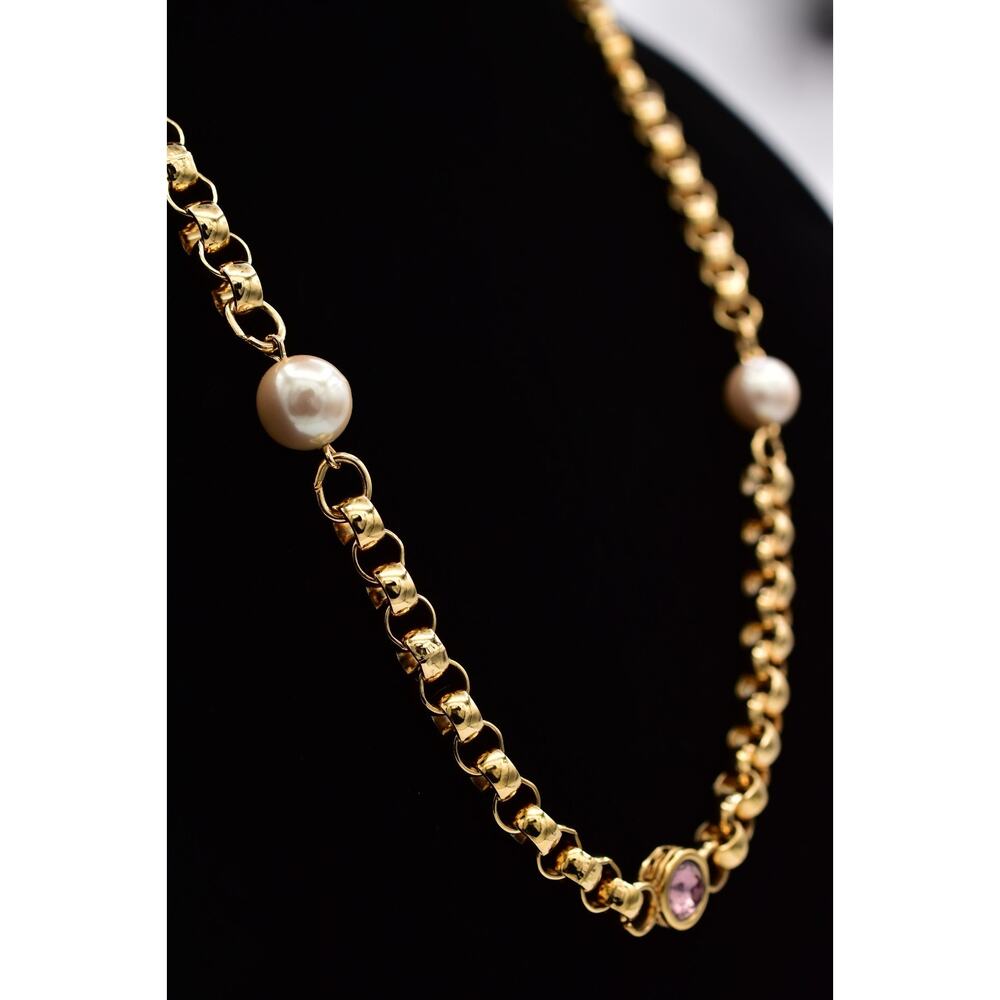 Givenchy Vintage Logo Chain Necklace Pearl Pink Crystal Gold Chunky Signed Bin1 - Picture 6 of 12